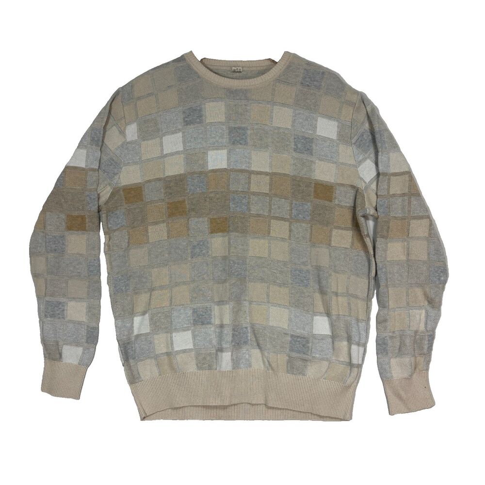 Men's‎ 100% Pima Cotton Sweater Checked Neutral Retro 90s Dad Grandpa Sz L